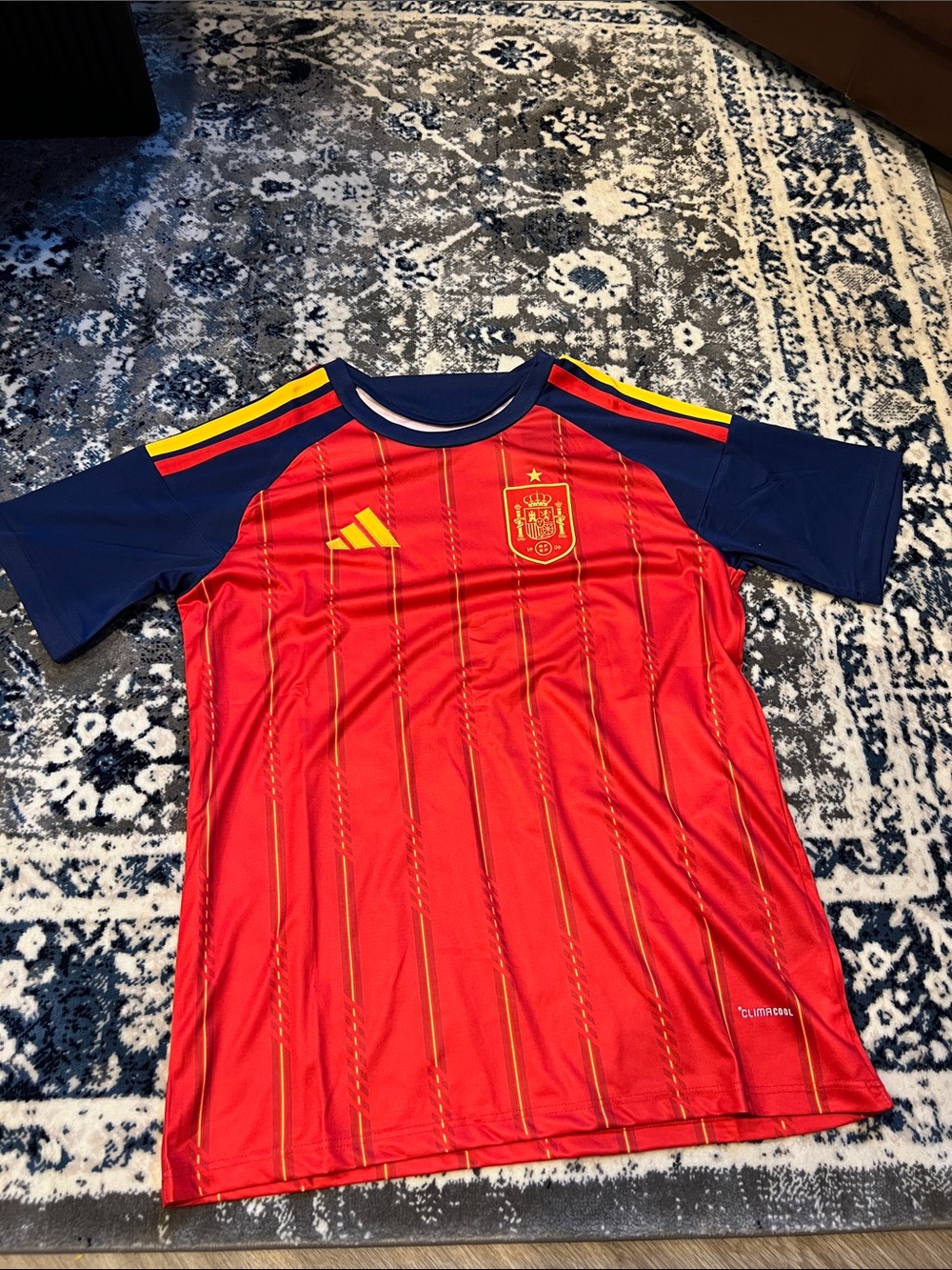 adidas  Spain Soccer Jersey in Red with Navy Sleeves and Yellow Accents